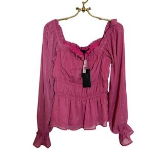 Gibsonlook Fuscia W Gold Lurex Smocked Square Neck Peplum Blouse Small